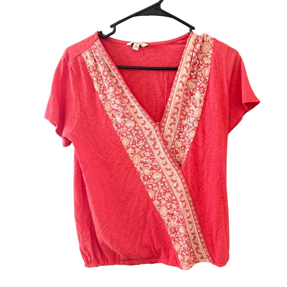Lucky Brand Womens Coral Red Floral Peasant Wrap Top Short Sleeve Size M